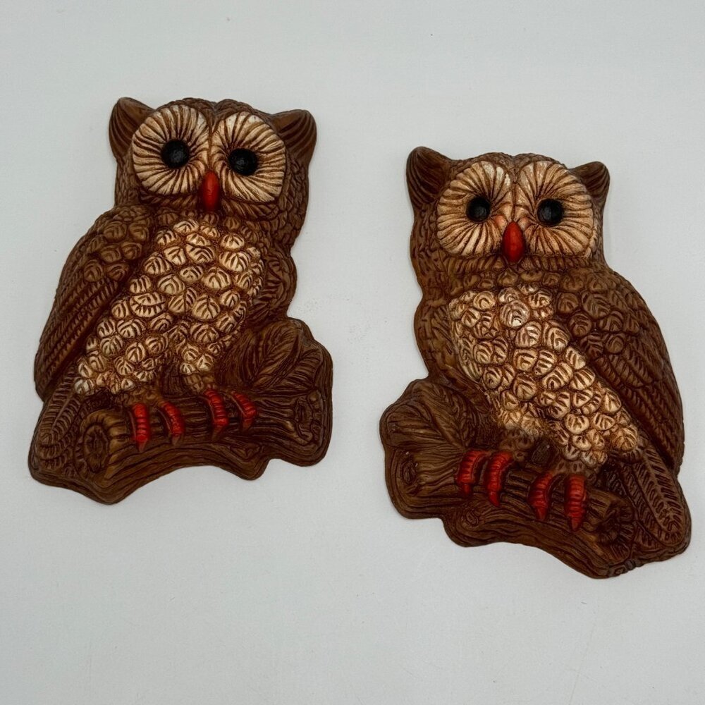 1970s Vintage Home Interior Foam Plastic Resin Pair of Brown Owls Wall Hanging A